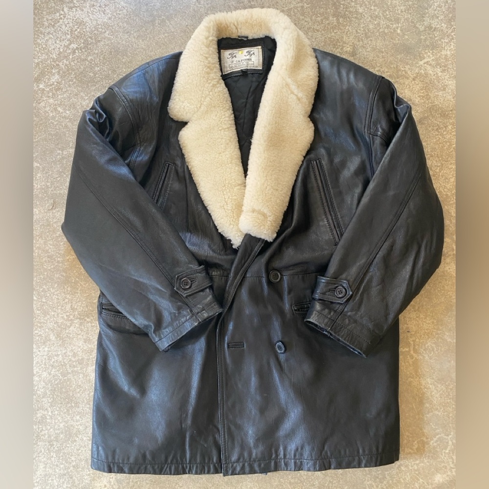 Shearling Collar Black Leather Coat - Vintage